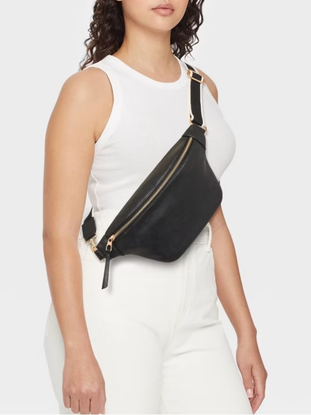 Universal Thread Black Leather Crossbody Belt Bag with Gold Hardware